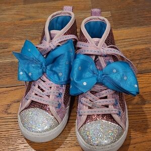 JoJo Siwa Pink Sequin High-Top Sneakers with Blue Polka Dot Bows